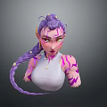 3D Fantasy Female Character With Purple Braided Hair White Top And Lightning Patterns
