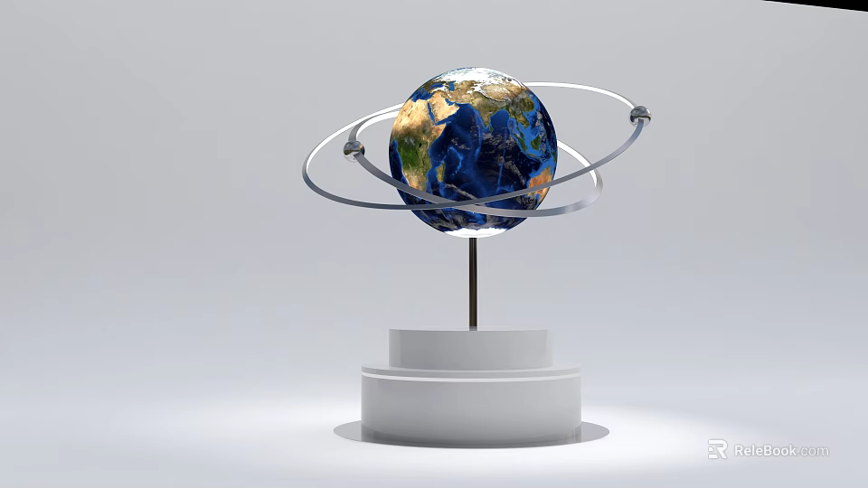 Modern Art Installation Featuring Rotating Globe With Orbiting Metal Rings on White Pedestal 3d model 
