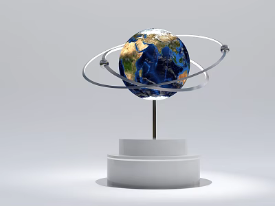 Modern Art Installation Featuring Rotating Globe With Orbiting Metal Rings on White Pedestal 3d model