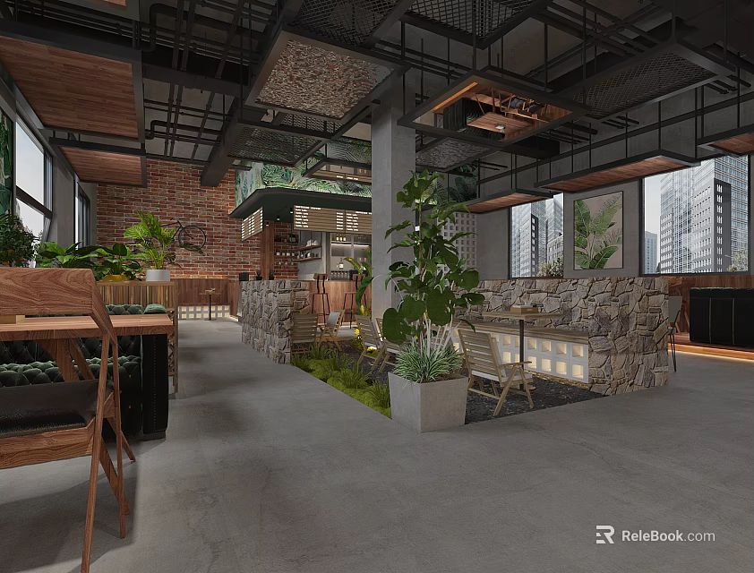 Industrial Style Café with Wooden Furniture Stone Walls Green Plants and Natural Light 3d model 