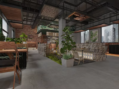Industrial Style Café with Wooden Furniture Stone Walls Green Plants and Natural Light 3d model