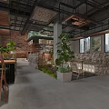 Industrial Style Café with Wooden Furniture Stone Walls Green Plants and Natural Light