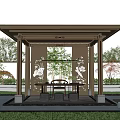 Serene Courtyard Garden Featuring Traditional Pavilion Carved Screens Water Pond And Lush Greenery