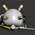 Game Movie Character Robot With Silver Armor Green Yellow Accents Holding Gun And Shoulder Cannons