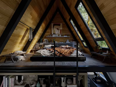 Wooden Loft Bedroom Interior Design With Triangular Roof And Large Windows And Cozy Blankets 3d model