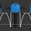 Black Round Dining Table With Four Blue Chairs And Metal Frames