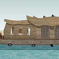 Wooden Ship Shaped Structure With Curved Roof And Waterfront Deck Design