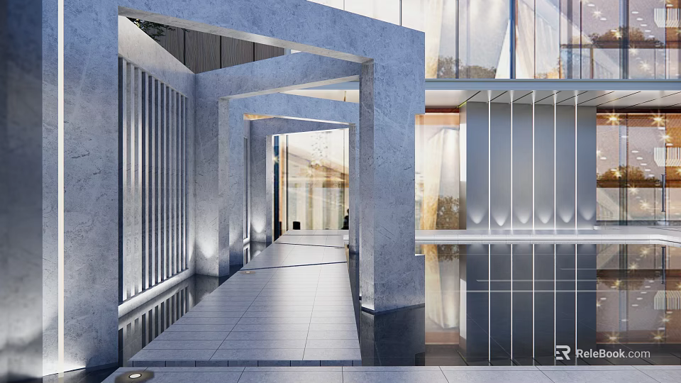 Modern Residential Landscape Entrance Design With Gray Stone Glass Curtain Wall And Water Feature Lighting 3d model 