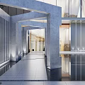 Modern Residential Landscape Entrance Design With Gray Stone Glass Curtain Wall And Water Feature Lighting
