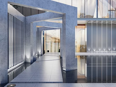 Modern Residential Landscape Entrance Design With Gray Stone Glass Curtain Wall And Water Feature Lighting 3d model