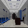 Modern Waiting Area Interior With Blue Chairs White Walls Signboards And Desk
