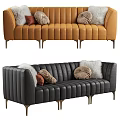 Orange And Gray Leather Three Seater Sofa With Vertical Striped Design And Decorative Pillows