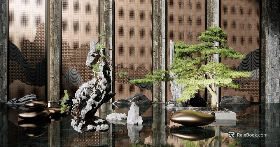 Elegant Chinese Garden Ornaments With Rockery Bonsai Pine Stones And Water Reflection 3d model 
