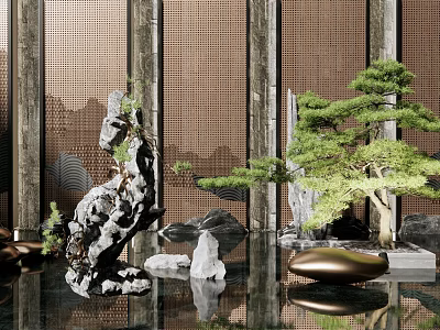 Elegant Chinese Garden Ornaments With Rockery Bonsai Pine Stones And Water Reflection 3d model