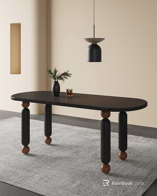 Stylish Black Oval Dining Table With Wooden Legs And Decorative Vase 3d model 