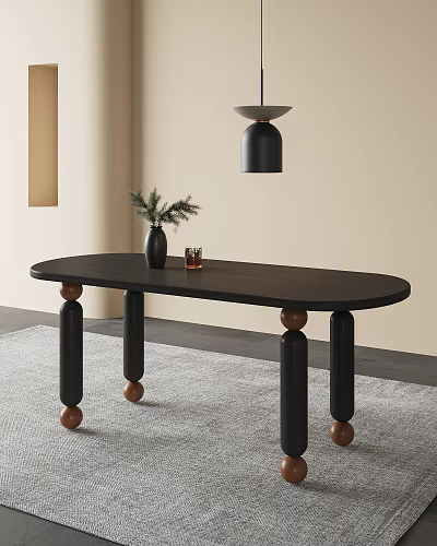 Stylish Black Oval Dining Table With Wooden Legs And Decorative Vase 3d model