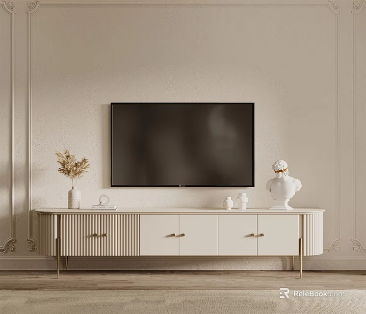 Modern Light Colored TV Stand With TV Dried Flower Vase And Decorative Statue 3d model 