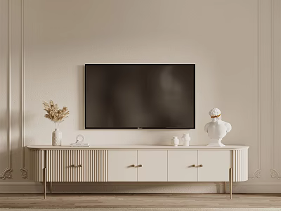 Modern Light Colored TV Stand With TV Dried Flower Vase And Decorative Statue 3d model