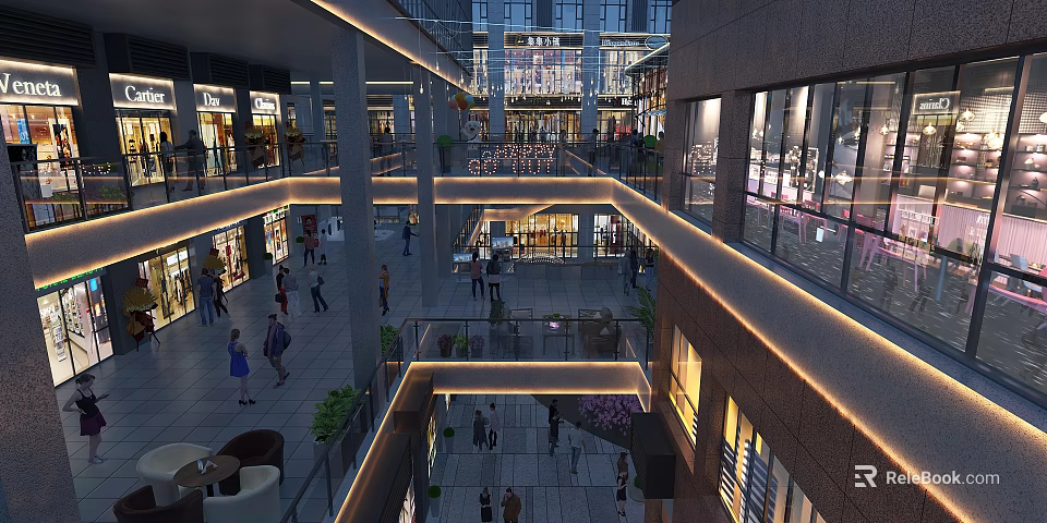Vibrant Multi Level Commercial Street With Pedestrians Shops Lighting Plants And Open Design 3d model 