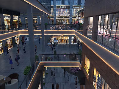 Vibrant Multi Level Commercial Street With Pedestrians Shops Lighting Plants And Open Design 3d model