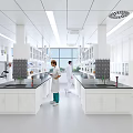 Modern Laboratory Interior Design With Benches Large Windows And Scientists 3d model