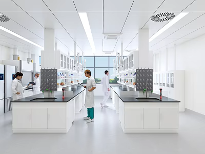 Modern Laboratory Interior Design With Benches Large Windows And Scientists 3d model