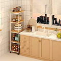 Organized Kitchenware On Multi Tiered Shelf With Beige Cabinets And City Skyline View
