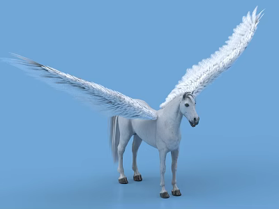 White Winged Horse Standing with Spread Feathered Wings on Light Blue Background 3d model