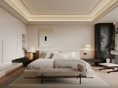 Modern Bedroom Interior Design With King Size Bed Nightstands Lamps Artwork Rug And Potted Plants 3d model
