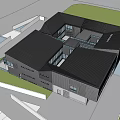 Modern Contemporary Building Exterior With Black Roof Glass Facade And Unique Structure