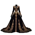 Elegant Black and Gold Dress With Intricate Embroidery Long Sleeves and Flared Train