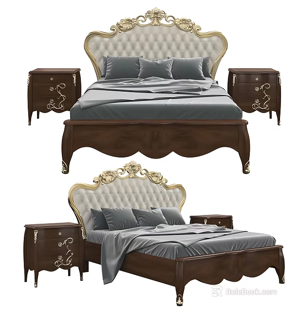 Upholstered Double Bed With Ornate Wooden Frame And Carved Gold Accent Nightstands 3d model 