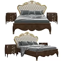 Upholstered Double Bed With Ornate Wooden Frame And Carved Gold Accent Nightstands