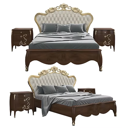 Upholstered Double Bed With Ornate Wooden Frame And Carved Gold Accent Nightstands 3d model