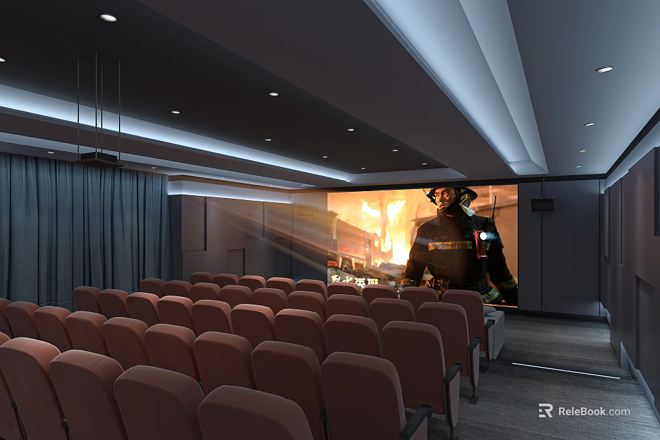 Home Theater Room Interior With Seating Rows And Large Screen 3d model 