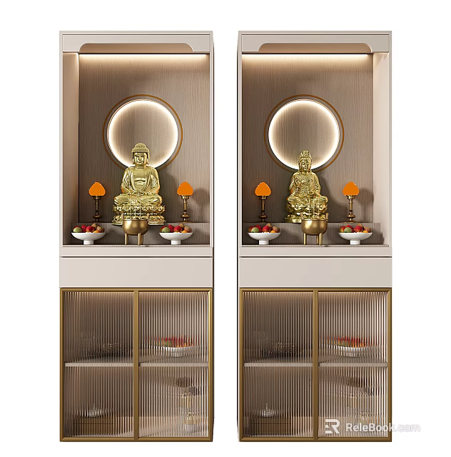 Elegant Buddhist Shrine Cabinet With Golden Buddha Statue Circular Light And Glass Door Design 3d model 