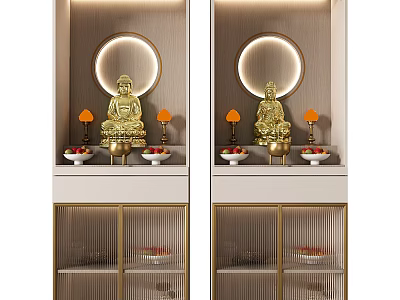 Elegant Buddhist Shrine Cabinet With Golden Buddha Statue Circular Light And Glass Door Design 3d model