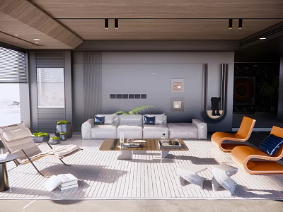 Modern Living Room Sofa Coffee Table Set With Orange Accent Chairs And Wooden Floor 3d model
