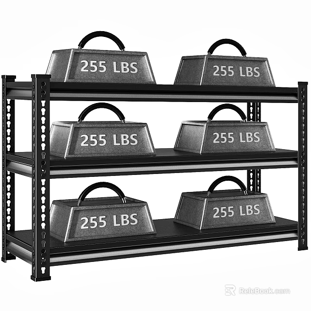 Black Metal Shelving Unit Holding Six 255 LBS Dumbbells On Three Layers 3d model 