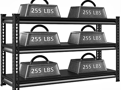 Black Metal Shelving Unit Holding Six 255 LBS Dumbbells On Three Layers 3d model