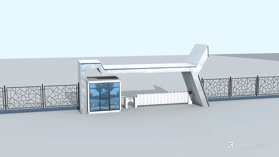 Modern Entrance Gate Design With Glass Door Metal Frame And Decorative Fence 3d model 