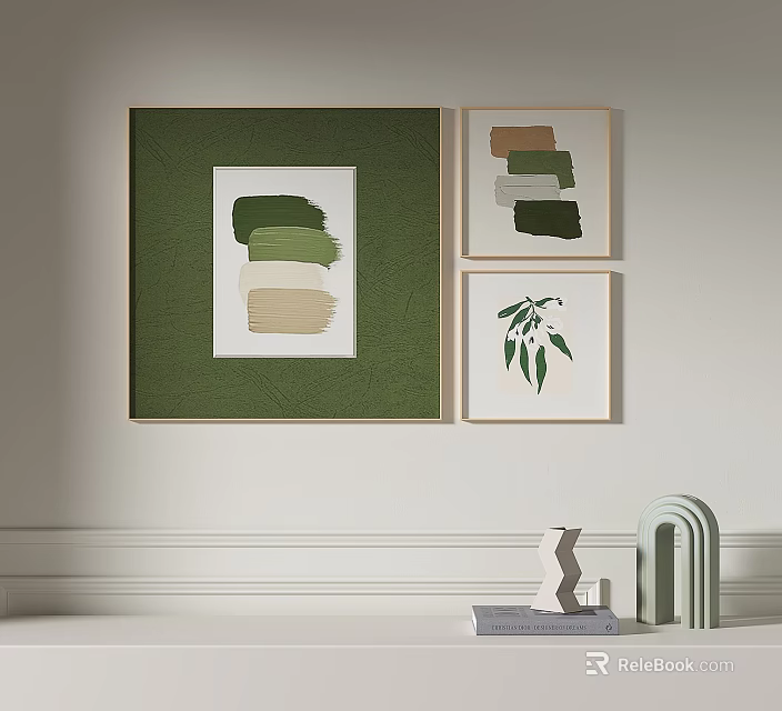 Interior Wall Decor With Green Framed Art Color Block And Leaf Design 3d model