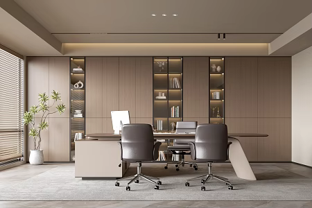 Modern office background wall bookcase office bookcase background wall solid wood office desk and chair combination 3d model
