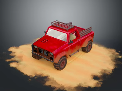 Red Pickup Truck With Roof Rack And Open Bed On Sandy Ground 3d model