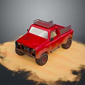 Red Pickup Truck With Roof Rack And Open Bed On Sandy Ground