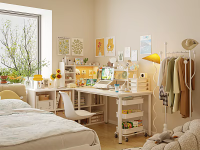 Cozy Neat Bedroom Interior Design With Bed Desk Computer Green Plants And Decorative Art 3d model