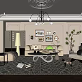 Elegant Modern Living Room Interior With White Sofa Patterned Rug Chandelier And Wall Art