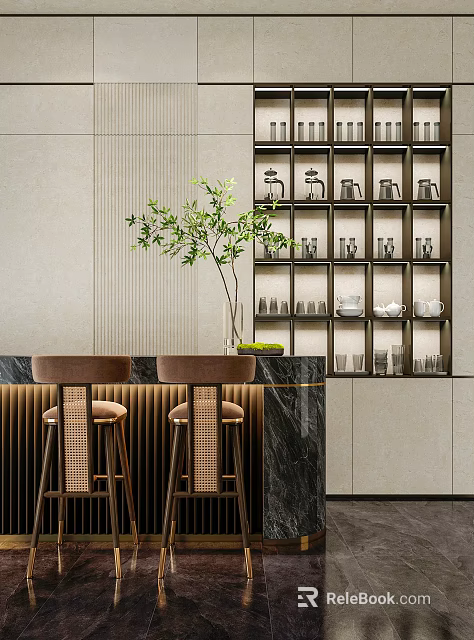 Black Marble Bar Counter With Brown Woven Stools Green Plant Cup Shelf And Light Wall 3d model 