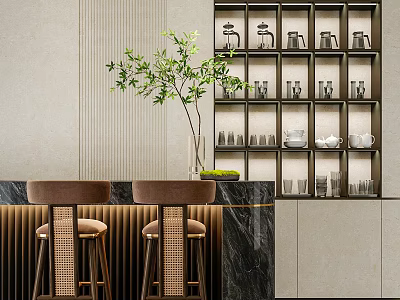 Black Marble Bar Counter With Brown Woven Stools Green Plant Cup Shelf And Light Wall 3d model