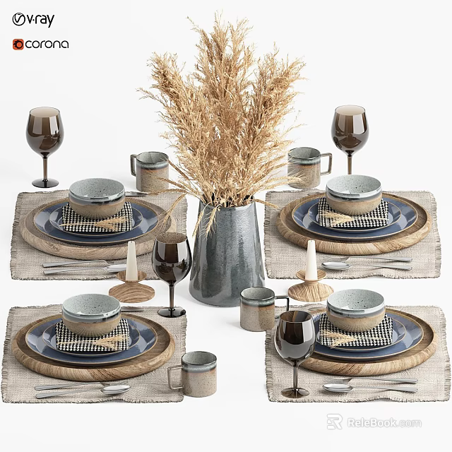 Rustic Natural Tableware Set Featuring Dinner Plates Mugs Wine Glasses And Woven Placemats 3d model 